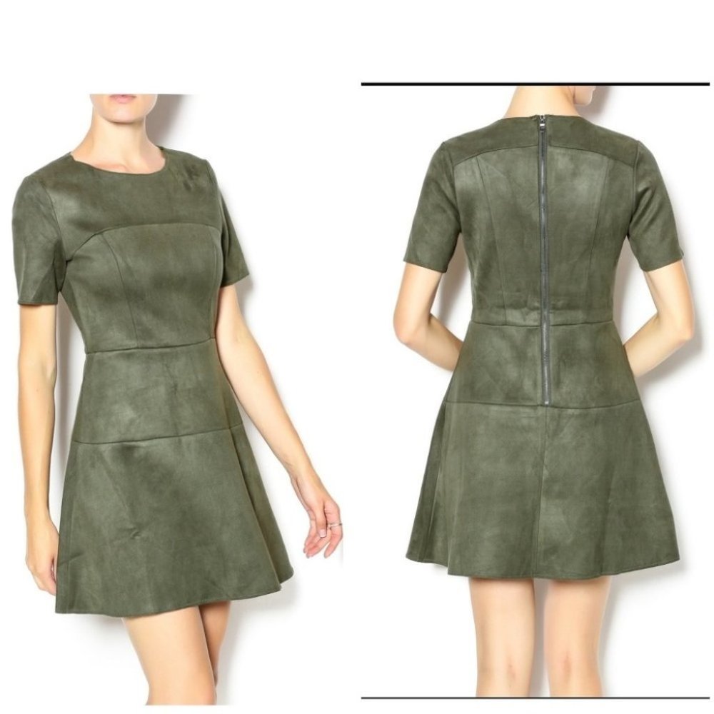 FRNCH Paris Green Micro Suede Panel Zip Shift Short Sleeve Suede Dress Med